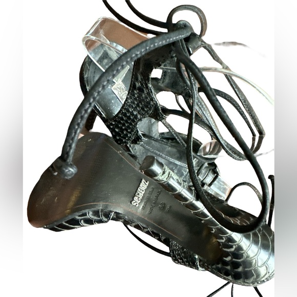 SCHUTZ Black Snakeskin Leather Tie-Up Heels - Picture 8 of 11